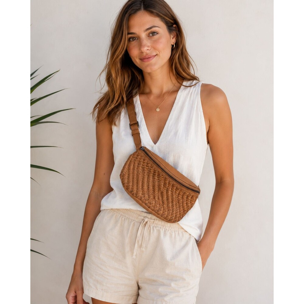 Harbour 2nd Leather Braided Distressed Crossbody Bag Zip Up Charm Tan 12"x8" NWT